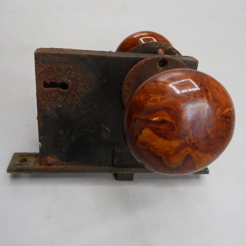 Antique Door Knob Lock Plate Lock Assembly Eastlake Style Brown Stone Marble